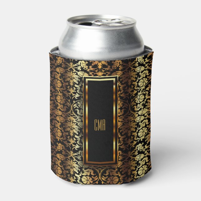 Monogram Metallic Gold and Black Damask Can Cooler (Can Front)