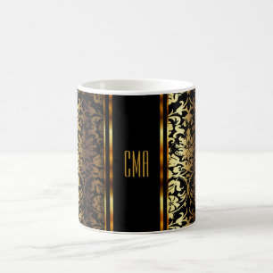 Monogram Metallic Gold and Black Damask Coffee Mug
