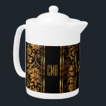 Monogram Metallic Gold and Black Damask  Teapot<br><div class="desc">Teapot. Featuring a beautiful Monogram Metallic Gold and Black Damask Pattern. A charming accent to add to your home or give for a housewarming gift. 📌If you need further customization, please click the "Click to Customize further" or "Customize or Edit Design" button and use our design tool to resize, rotate,...</div>