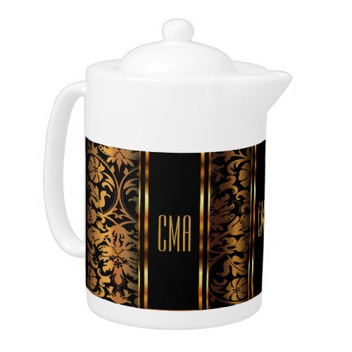 Monogram Metallic Gold and Black Damask  Teapot