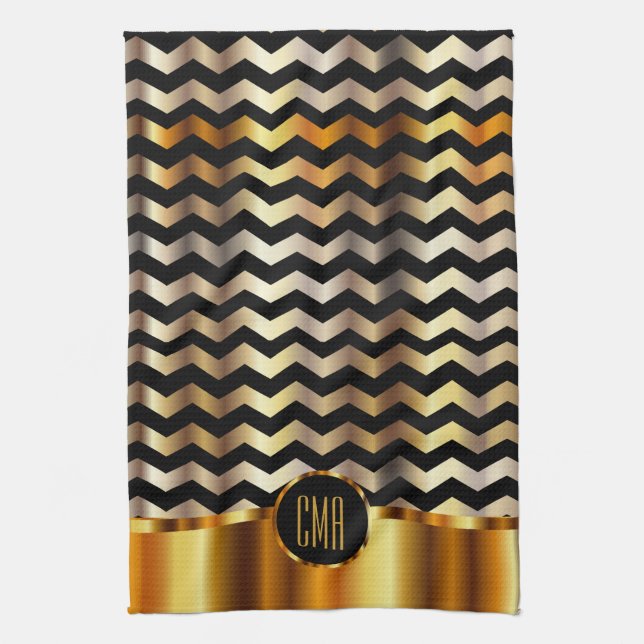 Monogram Metallic Gold & Black Stripe Chevron Kitchen Towel (Vertical)