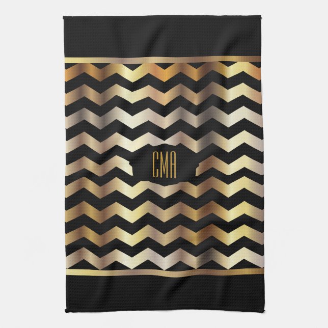 Monogram Metallic Gold & Black Stripe Chevron Towel (Vertical)