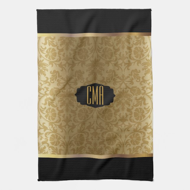 Monogram Metallic Gold & Floral Damask Pattern Kitchen Towel (Vertical)