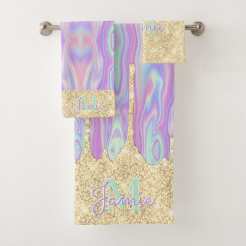 Monogram Metallic Gold Glitter Drip  Iridescent Bath Towel Set