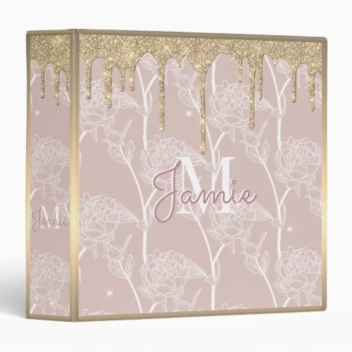 Monogram Metallic Gold Glitter Drip  Mauve Floral 3 Ring Binder