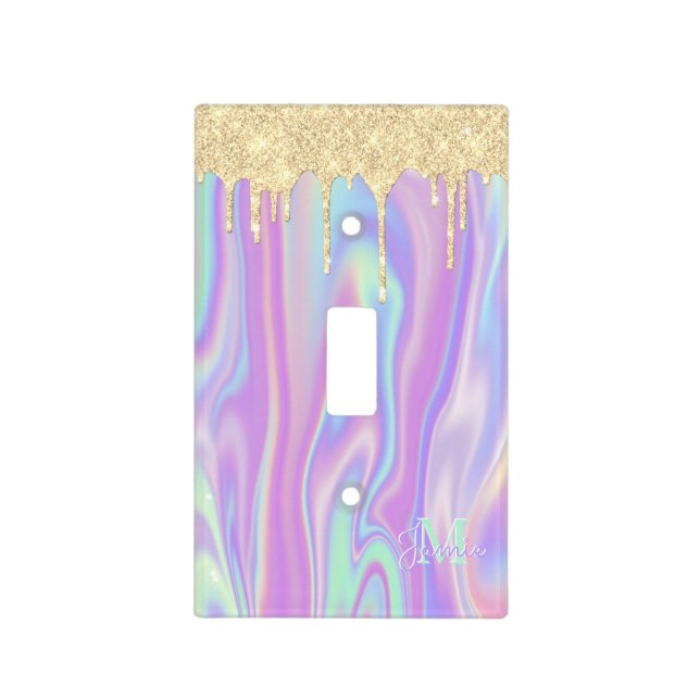 Monogram Metallic Gold Glitter Drips & Iridescent Light Switch Cover (Front)