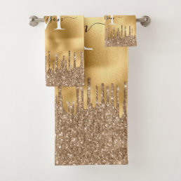 Monogram Metallic Gold Yellow Dripping Glitter Bath Towel Set