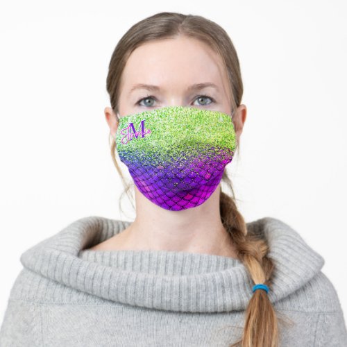 Monogram Metallic Green Glitter  Purple Mermaid Adult Cloth Face Mask