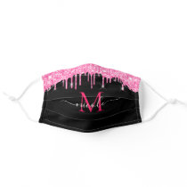 Monogram Metallic Hot Pink Dripping Glitter Black Adult Cloth Face Mask