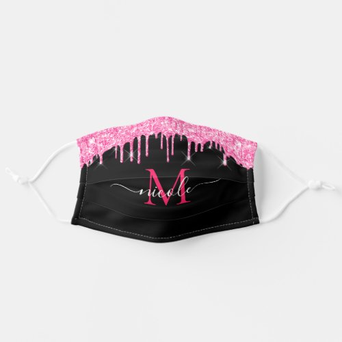 Monogram Metallic Hot Pink Dripping Glitter Black Adult Cloth Face Mask