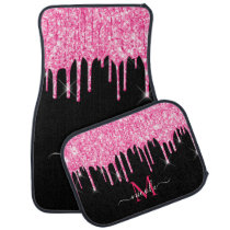 Monogram Metallic Hot Pink Dripping Glitter Black Car Floor Mat Monogram Metallic Hot Pink Dripping Glitter Black Car Floor Mat