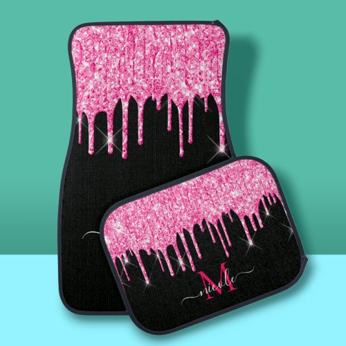 Monogram Metallic Hot Pink Dripping Glitter Black Car Floor Mat
