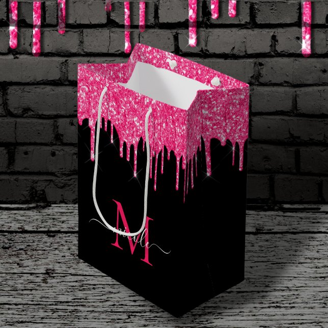 Monogram Metallic Hot Pink Dripping Glitter Black Medium Gift Bag (Creator Uploaded)