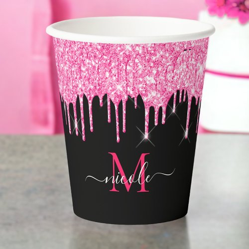 Monogram Metallic Hot Pink Dripping Glitter Black  Paper Cups