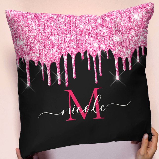 Monogram Metallic Hot Pink Dripping Glitter Black Throw Pillow (Creator Uploaded)
