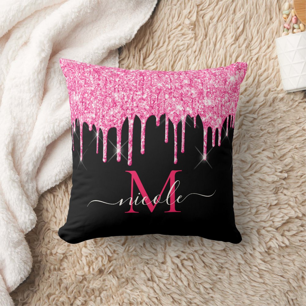 Hot Pink Dripping on custom Black Throw Pillows