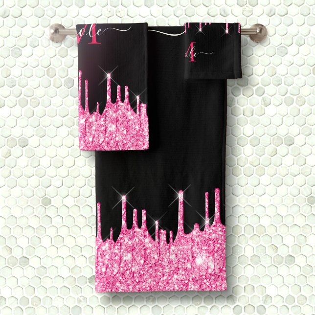 Monogram Metallic Hot Pink Glitter Drip on Black Bath Towel Set (Creator Uploaded)