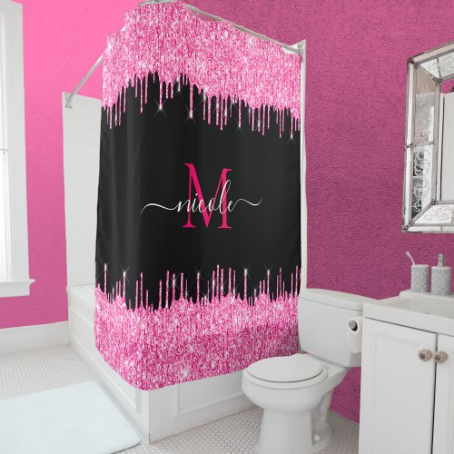 Monogram Metallic Hot Pink Glitter Drip on Black Shower Curtain
