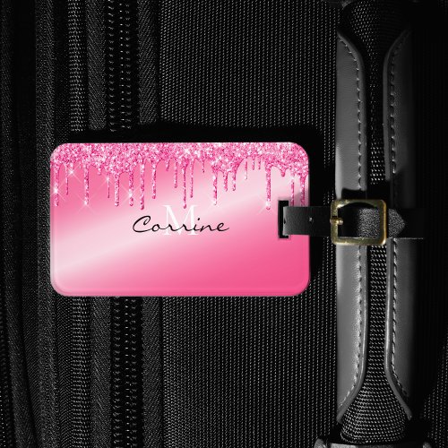Monogram Metallic Hot Pink Neon Dripping Glitter Luggage Tag