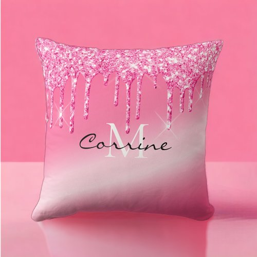 Monogram Metallic Hot Pink Neon Dripping Glitter Throw Pillow