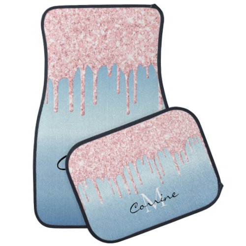 Monogram Metallic Ice Blue  Dripping Pink Glitter Car Floor Mat