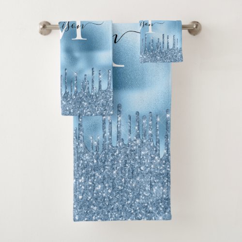 Monogram Metallic Light Sky Blue Dripping Glitter Bath Towel Set