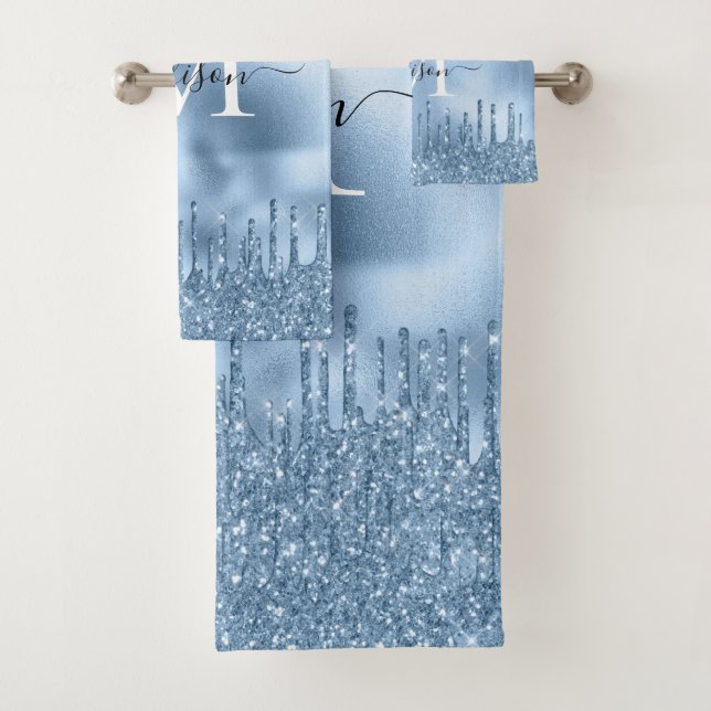 Monogram Metallic Light Sky Blue Dripping Glitter Bath Towel Set (Insitu)