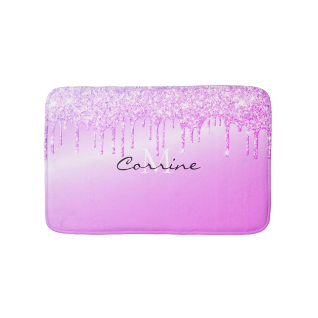 Monogram Metallic Magenta Hot Pink Glitter Drips Bath Mat (Front)
