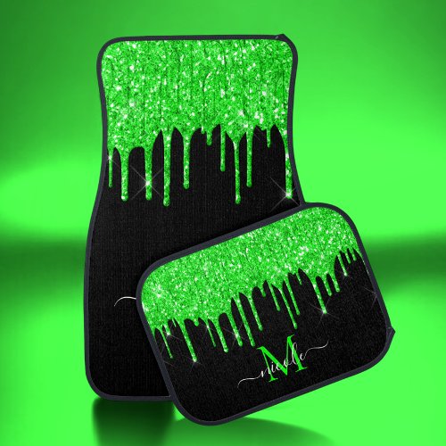 Monogram Metallic Neon Green Slime Glitter Drips Car Floor Mat