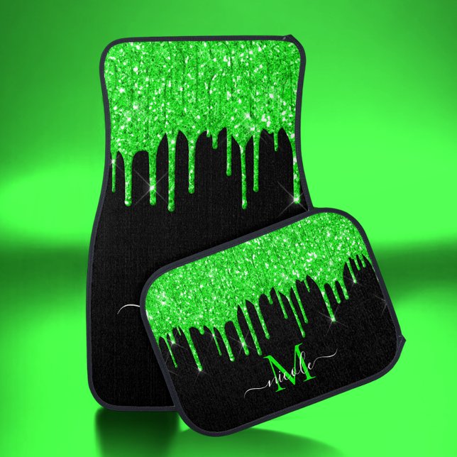 Monogram Metallic Neon Green Slime Glitter Drips Car Floor Mat (Creator Uploaded)