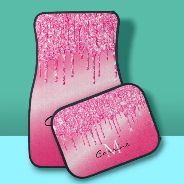 Monogram Metallic Neon Hot Pink Dripping Glitter Car Floor Mat Zazzle