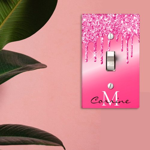 Monogram Metallic Neon Hot Pink Dripping Glitter Light Switch Cover