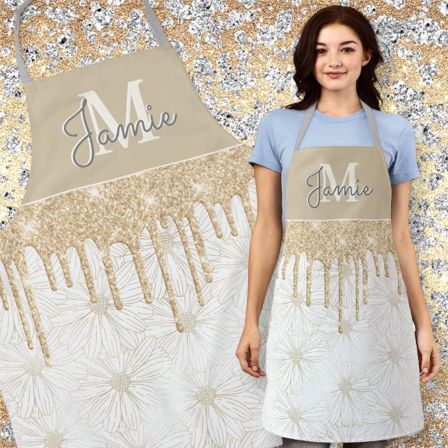 Monogram Metallic Pearl Daisy & Gold Glitter Drips Apron (Creator Uploaded)