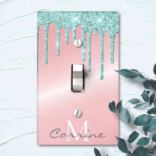 Monogram Metallic Pink Aqua Blue Dripping Glitter Light Switch Cover