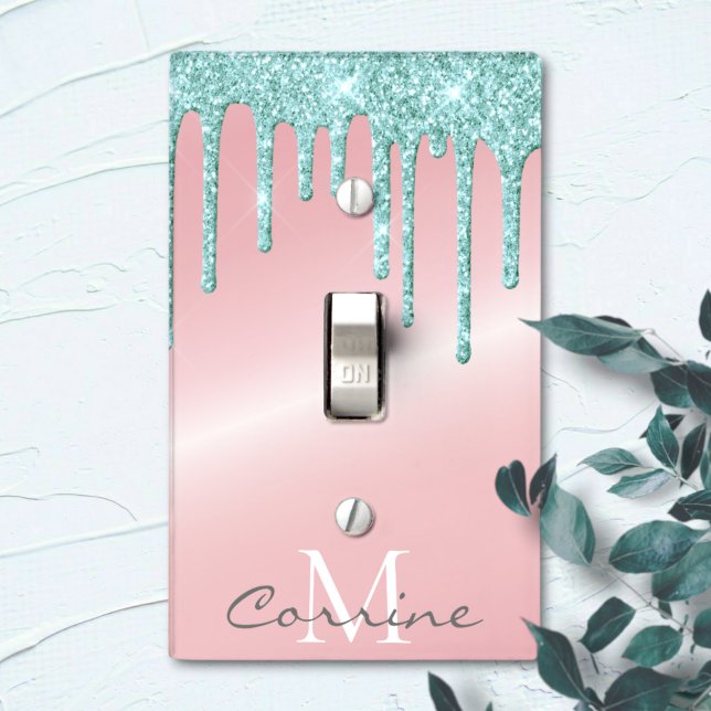 Monogram Metallic Pink Aqua Blue Dripping Glitter Light Switch Cover (Creator Uploaded)