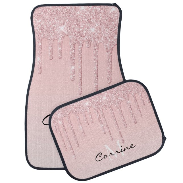 Monogram Metallic Pink Blush Dripping Faux Glitter Car Floor Mat (Set)
