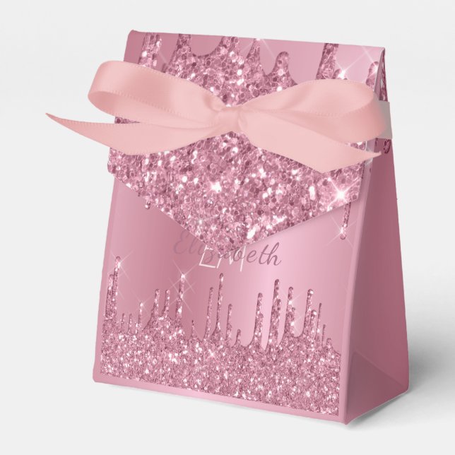Monogram Metallic Pink Dripping Glitter Girly Favor Boxes (Front Side)