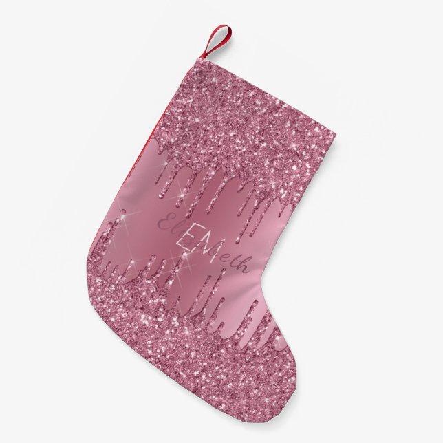 Monogram Metallic Pink Dripping Glitter Girly  Small Christmas Stocking (Front (Hanging))