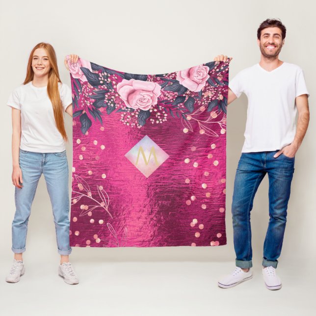 Monogram Metallic Pink Rosegold Navy Glitter Girly Fleece Blanket (In Situ)