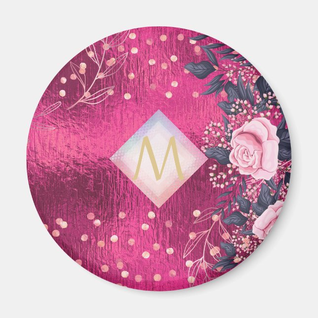 Monogram Metallic Pink Rosegold Navy Glitter Girly Magnet (Front)