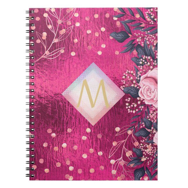 Monogram Metallic Pink Rosegold Navy Glitter Girly Notebook (Front)