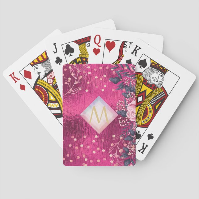 Monogram Metallic Pink Rosegold Navy Glitter Girly Poker Cards (Back)