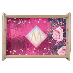 Monogram Metallic Pink Rosegold Navy Glitter Girly Serving Tray