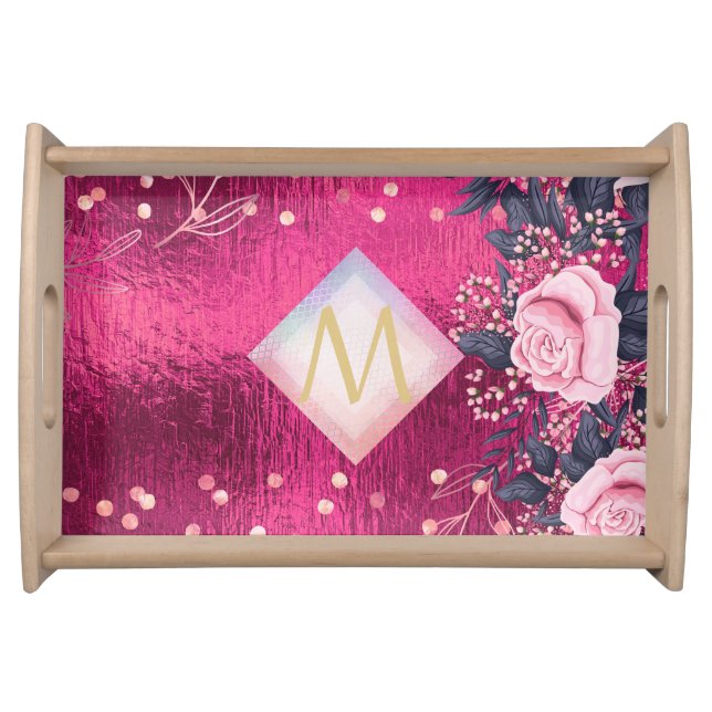 Monogram Metallic Pink Rosegold Navy Glitter Girly Serving Tray (Front)