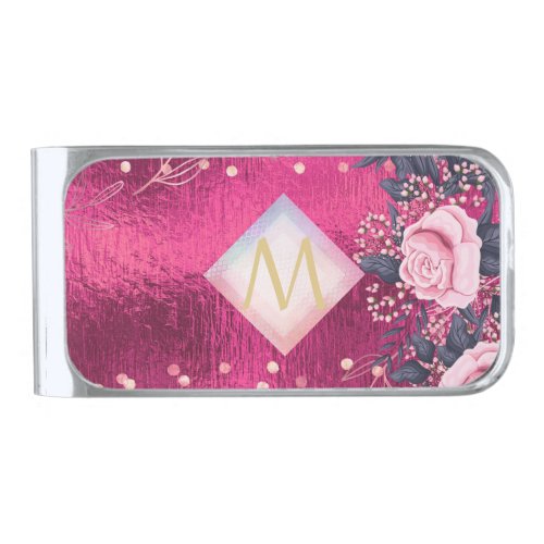 Monogram Metallic Pink Rosegold Navy Glitter Girly Silver Finish Money Clip