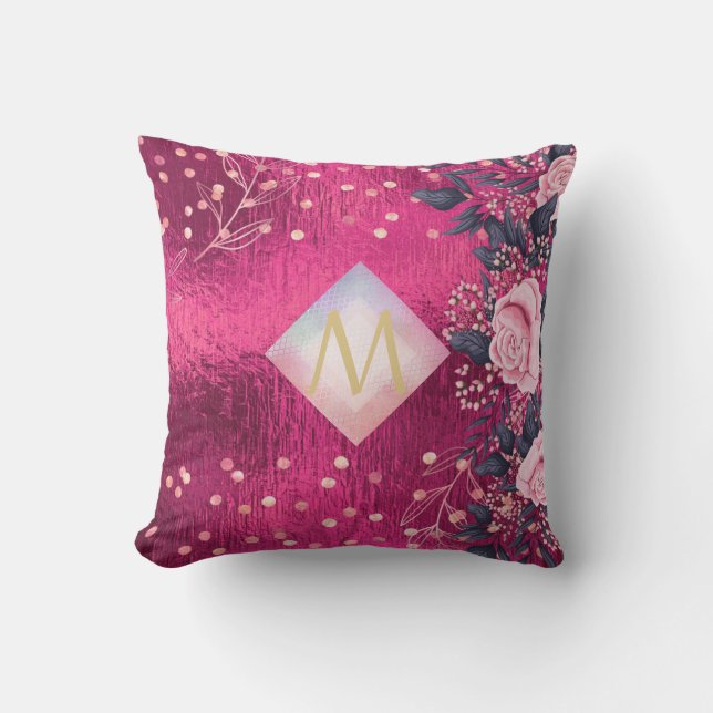 Monogram Metallic Pink Rosegold Navy Glitter Girly Throw Pillow (Front)