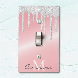 Monogram Metallic Pink &amp; Silver Dripping Glitter Light Switch Cover