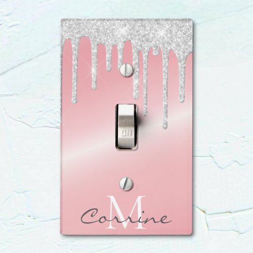 Monogram Metallic Pink  Silver Dripping Glitter Light Switch Cover