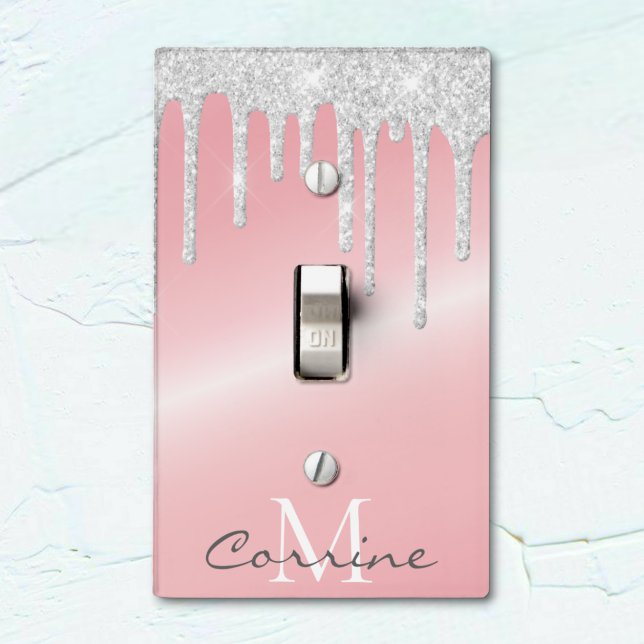 Monogram Metallic Pink & Silver Dripping Glitter Light Switch Cover (Creator Uploaded)