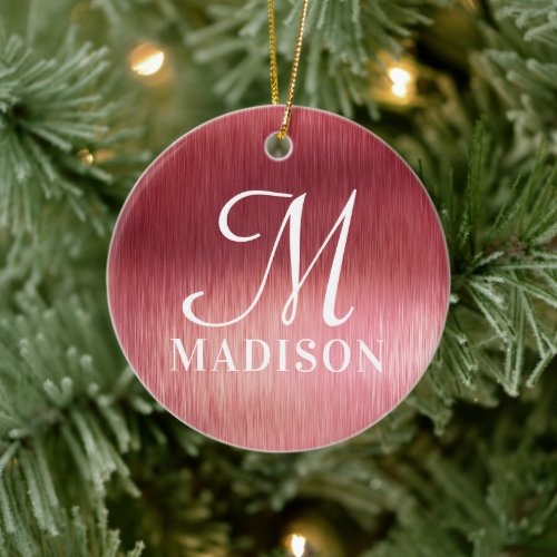 Monogram Metallic Pink Textured Personalized Name Ceramic Ornament